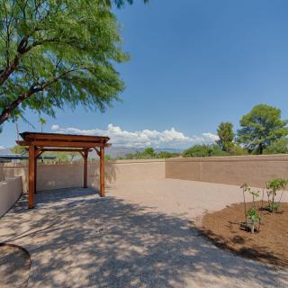 A beautiful backyard featuring a wooden pergola under a clear blue sky, with trees and landscaped areas.