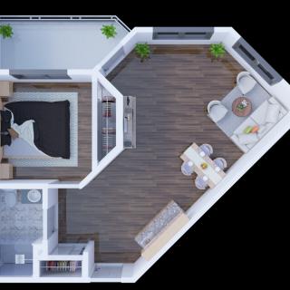 A 3D floor plan of a modern apartment featuring a living room, bedroom, kitchen, and dining area.