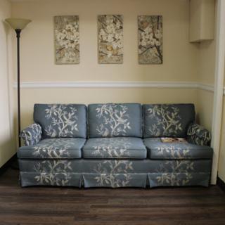 A blue patterned sofa complements the cozy ambiance of this living room.