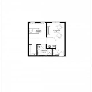 A one-bedroom apartment floor plan with a living area, kitchen, and bathroom.