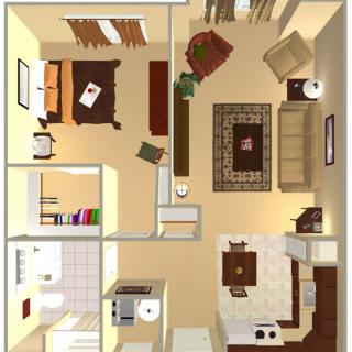 A floor plan of a one-bedroom apartment featuring a living room, kitchen, bathroom, and bedroom with furniture layout.
