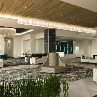 Modern hotel lobby with elegant seating and ambient lighting.