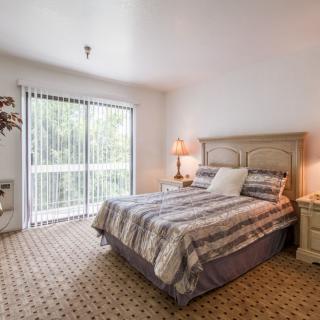 A cozy bedroom with a bed, bedside tables, lamps, and a large window letting in natural light.