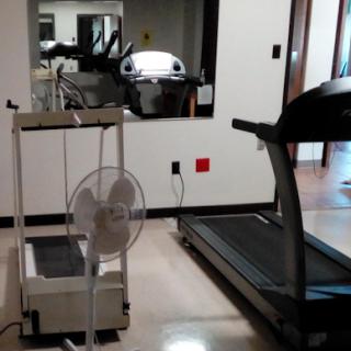 A gym area featuring a treadmill and a fan for comfort during workouts.