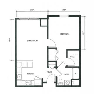 Floor plan of a one-bedroom apartment with kitchen, living room, and bathroom.