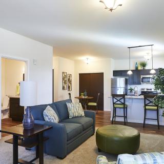 A modern open-plan living space featuring a comfortable sofa, kitchen area, and stylish interior design.