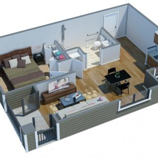 A 3D rendered floor plan of a modern apartment layout featuring a living room, bedroom, kitchen, and bathroom.