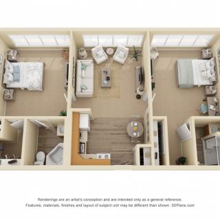 A 3D floor plan showing an apartment layout with two bedrooms, a living room, a kitchen, and a bathroom.