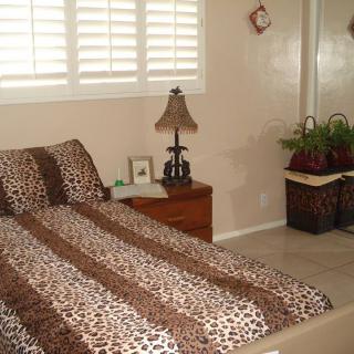 A cozy bedroom with a leopard print bedspread and decorative plants.