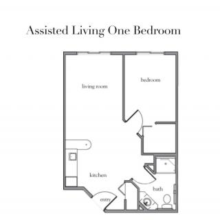 Floor plan of an assisted living one-bedroom apartment.