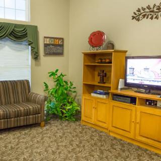 A cozy living room with a striped sofa, wooden entertainment unit, and decorative plants.