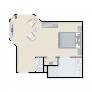 A floor plan of a one-bedroom apartment showing the layout with a living area, bedroom, kitchenette, and bathroom.