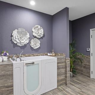 A modern bathroom featuring a walk-in tub, decorative wall art, and stylish tile flooring.