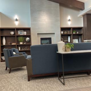 A modern living room with a fireplace, comfortable seating, and stylish decor.