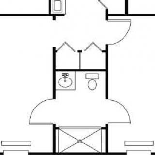 A floor plan diagram showing the layout of a bathroom with fixtures.