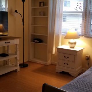 A cozy bedroom corner featuring a nightstand with a lamp, a floor lamp, and bookshelves by the window.