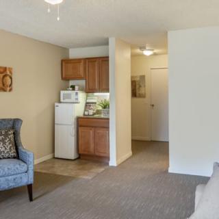 A cozy apartment living area with a small kitchen and seating.