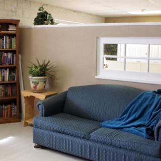 A cozy living room featuring a blue sofa with a draped blanket, a wooden bookshelf filled with books, a small side table with a potted plant, and a window letting in natural light.
