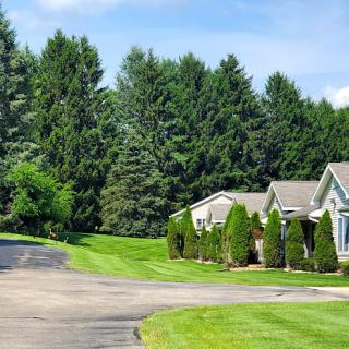 A serene neighborhood featuring well-maintained houses and lush greenery under a clear blue sky.