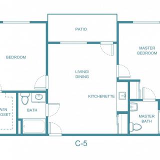 Blueprint of a two-bedroom apartment with labeled rooms and layout.