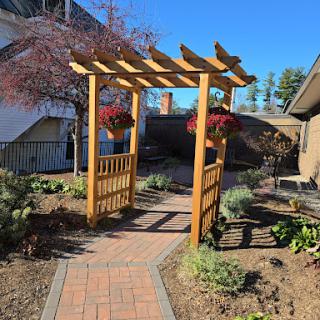 A serene garden pathway featuring a charming wooden pergola adorned with hanging flowers.