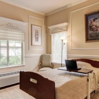 A cozy bedroom with a hospital bed, featuring a window, chair, and decorative paintings.