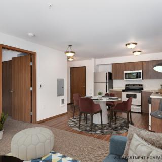 A modern open-plan apartment featuring a cozy living room and kitchen area.