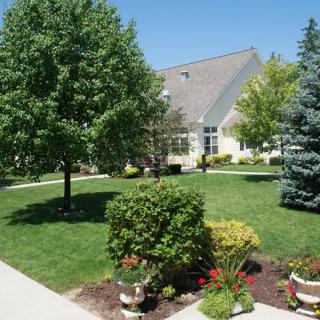 A cozy house surrounded by a well-maintained garden with lush greenery and vibrant plants.