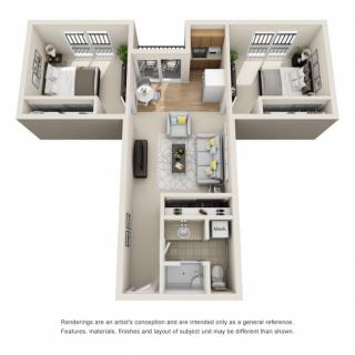 A 3D floor plan showcasing a two-bedroom apartment layout with modern interior design elements.