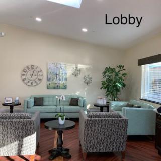 A lobby area featuring comfortable seating arrangements with sofas and armchairs, coffee tables, decorative plants, wall art, and a large wall clock.