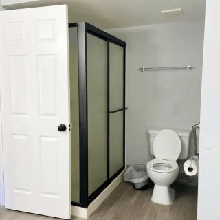 A bathroom featuring a shower and a toilet with simple decor.