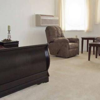 A simple living room with an armchair, coffee table, and wooden chest.