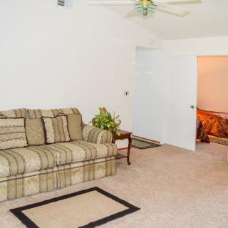 A cozy living room with a striped sofa and simple decor.