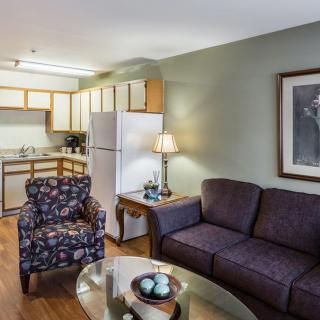 A cozy living room with a view of the kitchen, featuring a sofa, armchair, and modern decor.