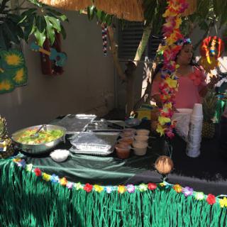 A vibrant outdoor buffet setup featuring tropical decorations and a variety of dishes.