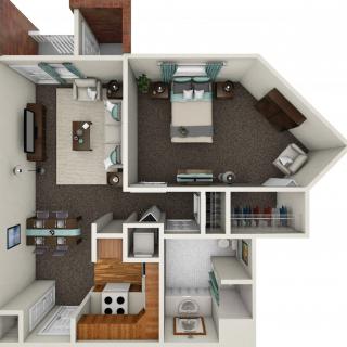 A detailed floor plan of a one-bedroom apartment with a living room, kitchen, dining area, and bathroom.