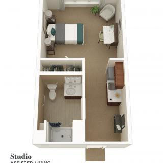 3D floor plan of a studio apartment with a combined living and sleeping area, bathroom, and kitchen.