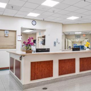 A clean, empty hospital reception desk with flowers and a waiting area.