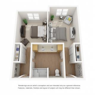 A 3D rendered floor plan of a two-bedroom apartment showcasing the layout and arrangement of rooms.