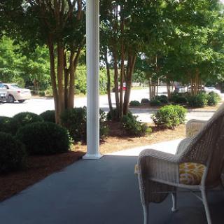 A peaceful view from a porch surrounded by trees and shrubs, with a glimpse of parked cars in the background.