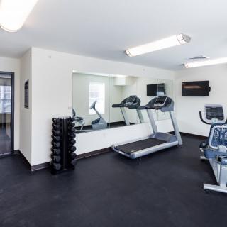 A small gym with treadmills, stationary bike, and dumbbells.