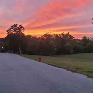 A serene sunset illuminating the sky with vibrant hues of orange and pink, casting a tranquil atmosphere over the park.