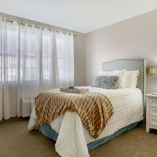 A cozy and well-decorated bedroom featuring a bed with pillows and a throw blanket, complemented by sheer curtains allowing natural light to fill the room.