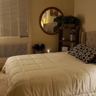 A cozy, well-decorated bedroom featuring a neatly made bed and a stylish mirror.