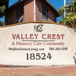 Sign for Valley Crest, a memory care community.