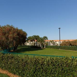A scenic view of a landscaped area with trees and a building in the background under a clear blue sky.