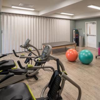 A modern gym room with treadmills and exercise balls.