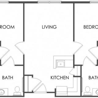 A floor plan of a two-bedroom apartment featuring a living room, kitchen, and two bathrooms.