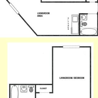 A floor plan showing the layout of an apartment with designated living areas and bathrooms.