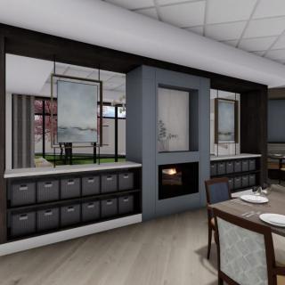 A modern interior dining area with a central fireplace and ample storage.